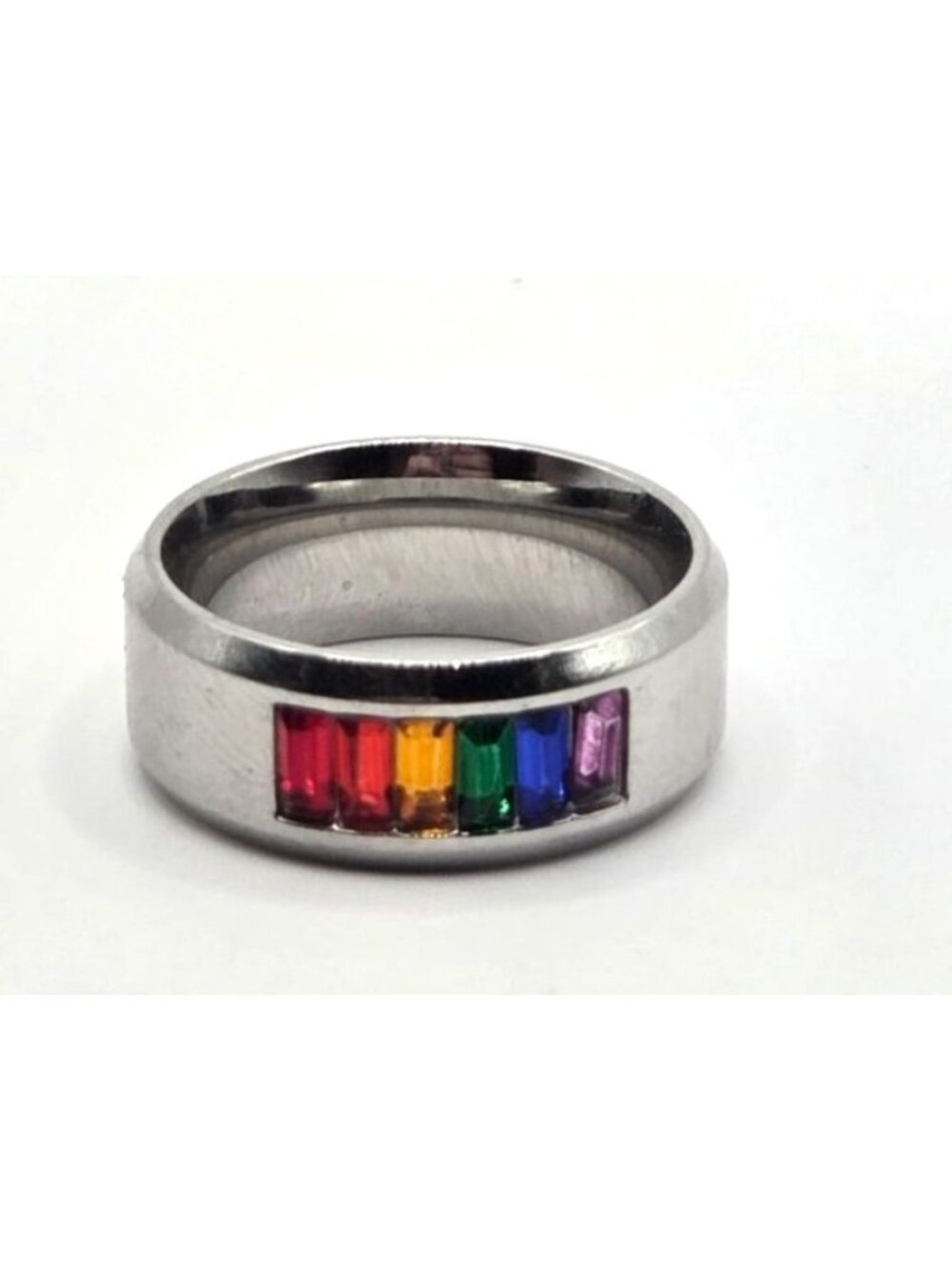 Rainbow Gemstone Stainless Steel Band Ring - LGBTQ+ Pride Jewelry - Unisex Desig